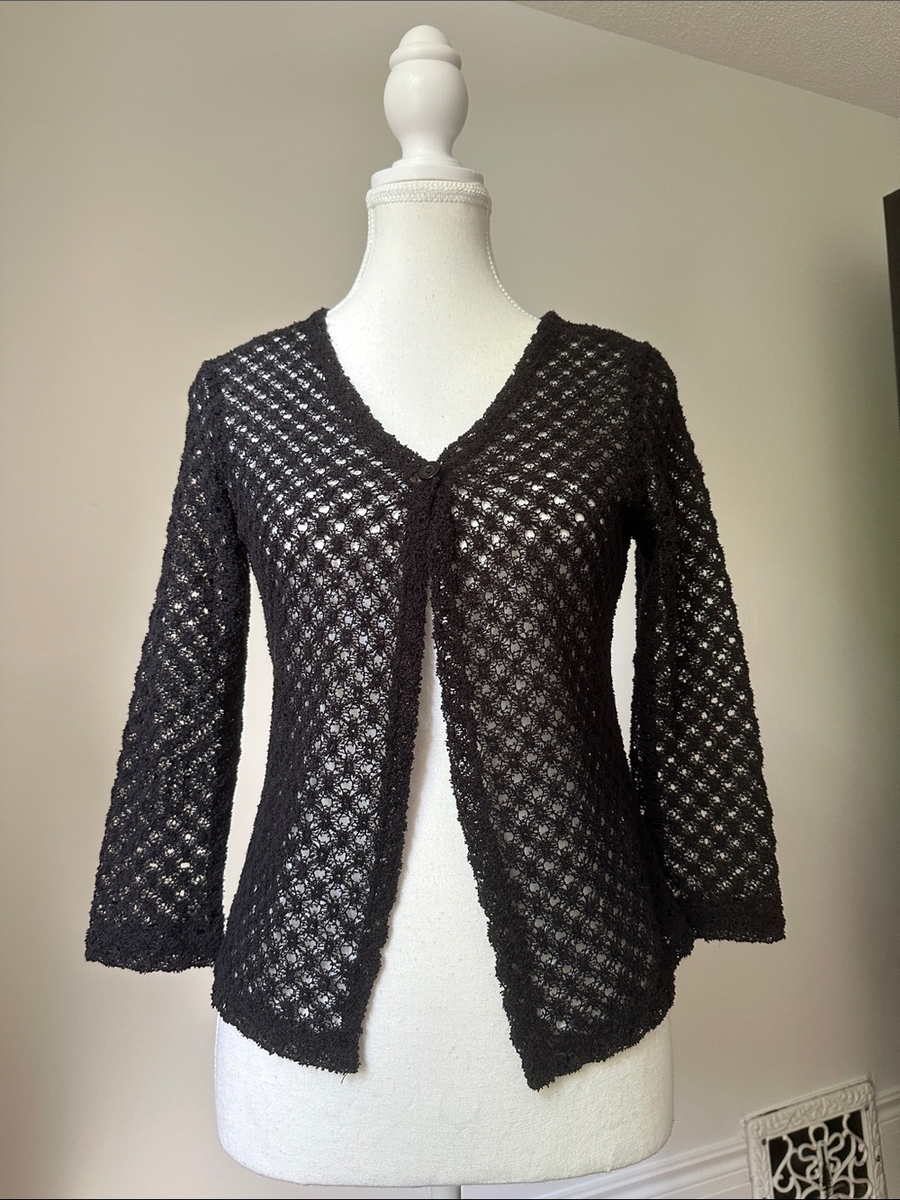 DIGITAL CLOTHING Vintage Black Knit Sheer Cottage 3/4 Sleeve Cardigan Medium